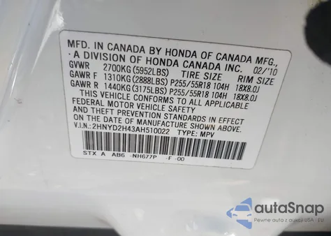 2010 Acura Mdx Technology Package from USA, damaged, VIN 2HNYD2H43AH510022